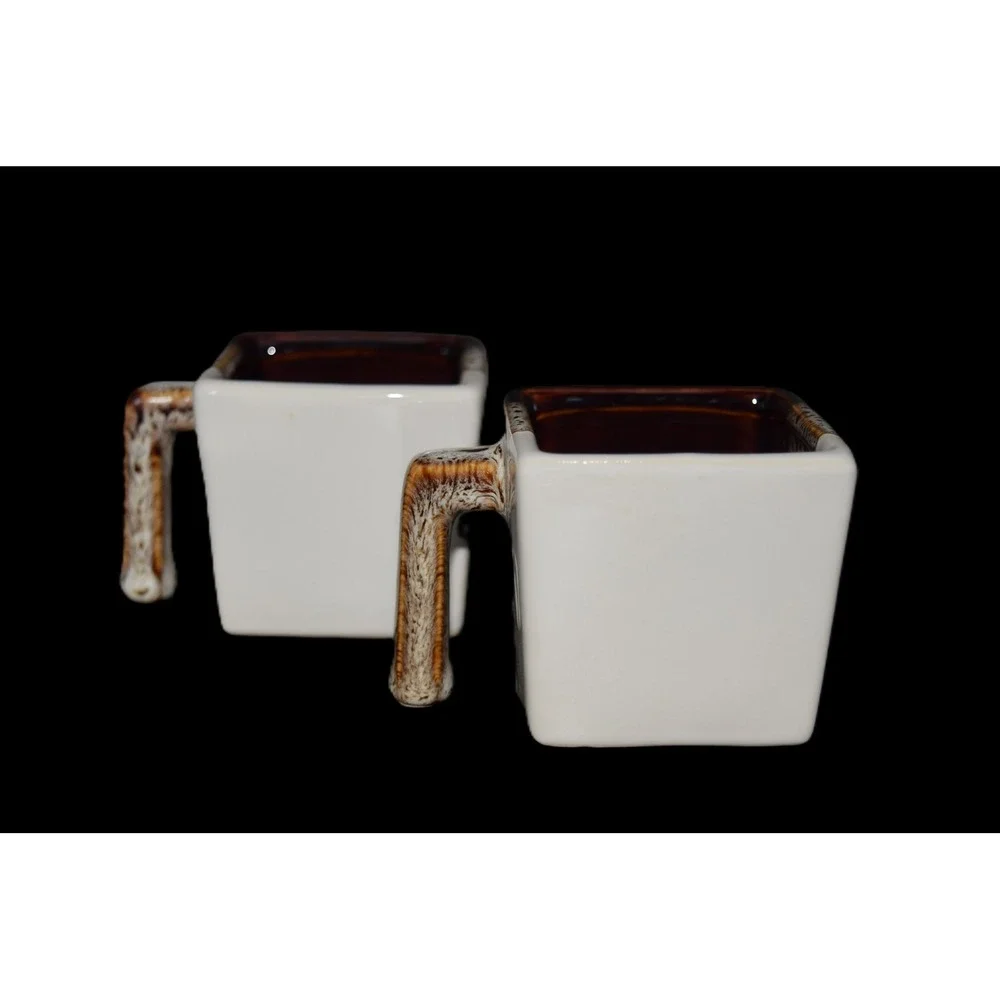 Vintage Pier 1 Tri Color Square Espresso Mugs Set of 2 Brown White Stoneware